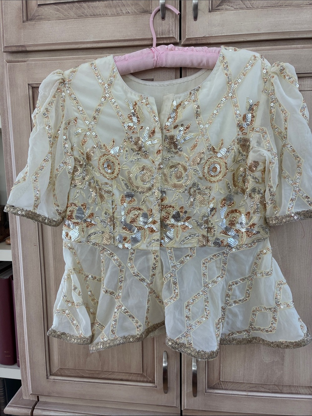 Embellished Ivory Peplum Sequin Blouse pale yellow